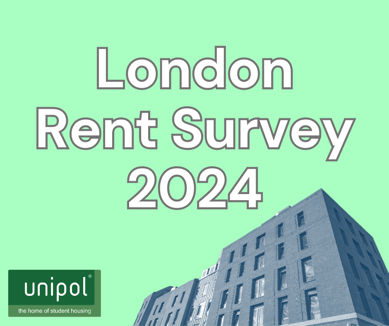 Graphic depicting the survey title, 'London Rent Survey 2024' with the Unipol logo in the lower left corner and a purpose-built student accommodation building graphic in the lower right